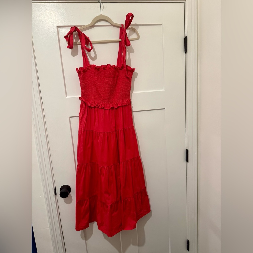 Tuckernuck Alannah Poppy Red Sleeveless Bow Smocked Cotton Midi Dress